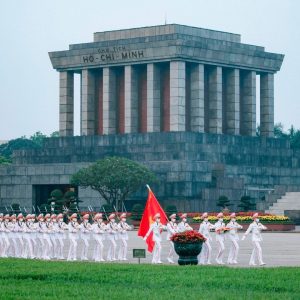 Ho Chi Minh Mausoleum in Hanoi, the final resting place of Vietnam's revolutionary leader, surrounded by solemn guards and lush gardens