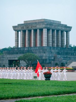 Ho Chi Minh Mausoleum in Hanoi, the final resting place of Vietnam's revolutionary leader, surrounded by solemn guards and lush gardens