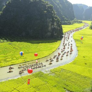Sampan boat navigating through the three caves of Tam Coc, Ninh Binh - A scenic landscape of rice fields and karst mountains.